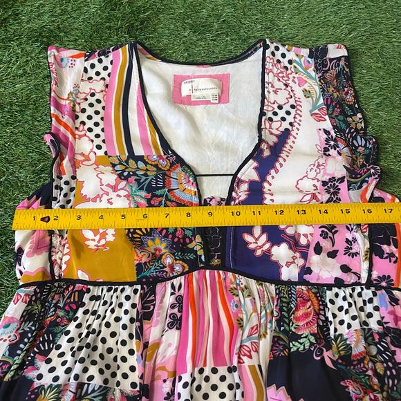 Anthropologie Patchwork Print Ruffle Shoulder Swing Dress Size 12 Petite - Picture 12 of 13